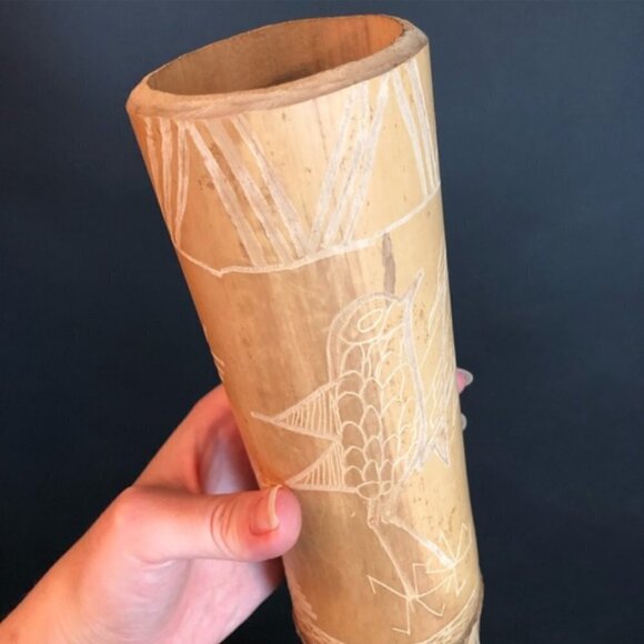 Jamaican Bamboo Office Bird Palm Tree Hand Carved Desk Pencil Holder Cup Decor - Picture 3 of 11